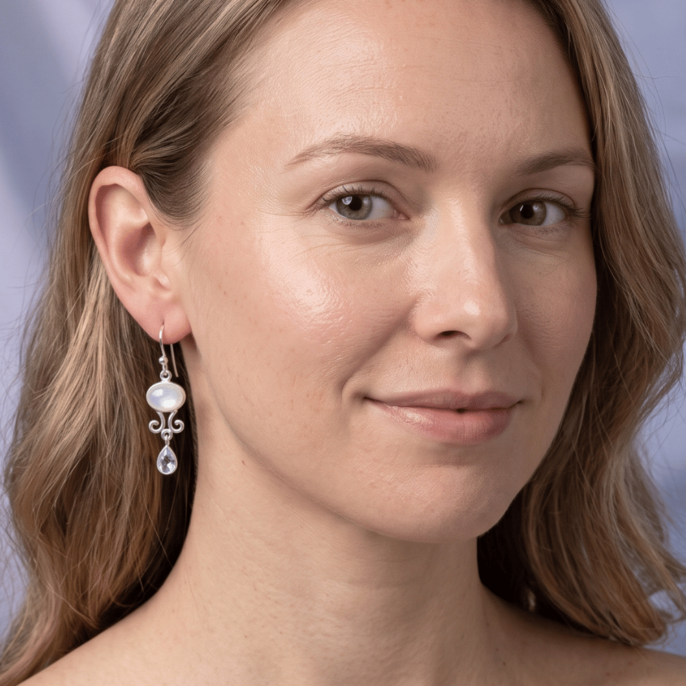 Rainbow Moonstone and Blue Topaz Drop Earrings