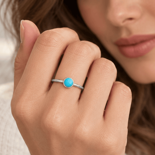 Rhodium Plated Round Faceted Turquoise Ring