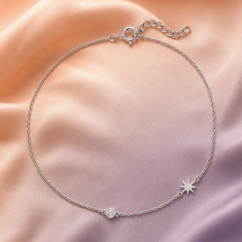 9" + 1" Rhodium Plated CZ and Starburst Anklet
