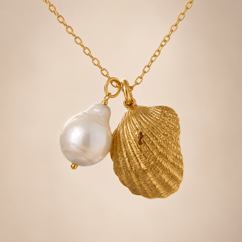 16" + 2" 14 Karat Gold Plated Shell and Pearl Necklace