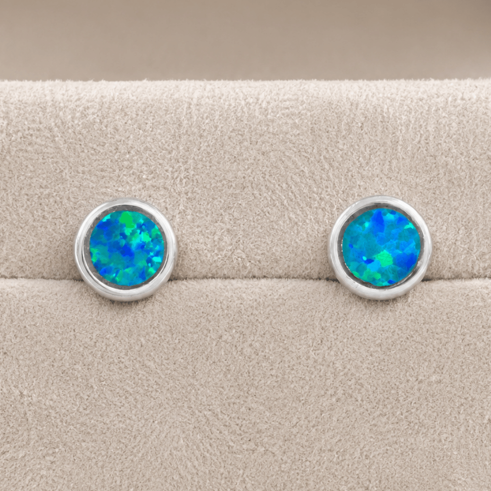 Rhodium Plated Synthetic Opal Stud Earrings
