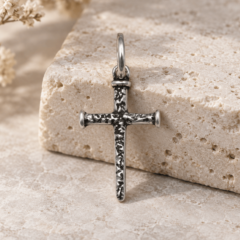 Small Oxidized Cross of Nails Pendant