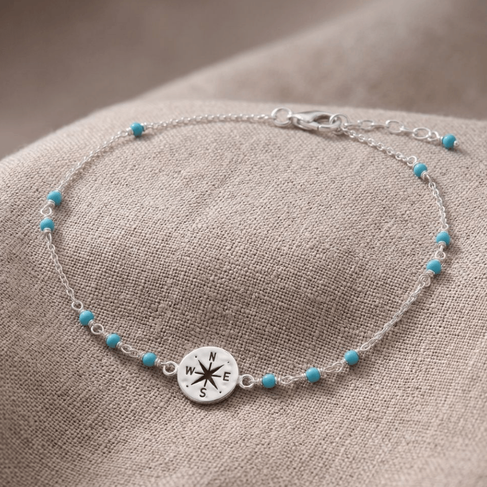 9.25" + .75" Compass and Blue Bead Anklet