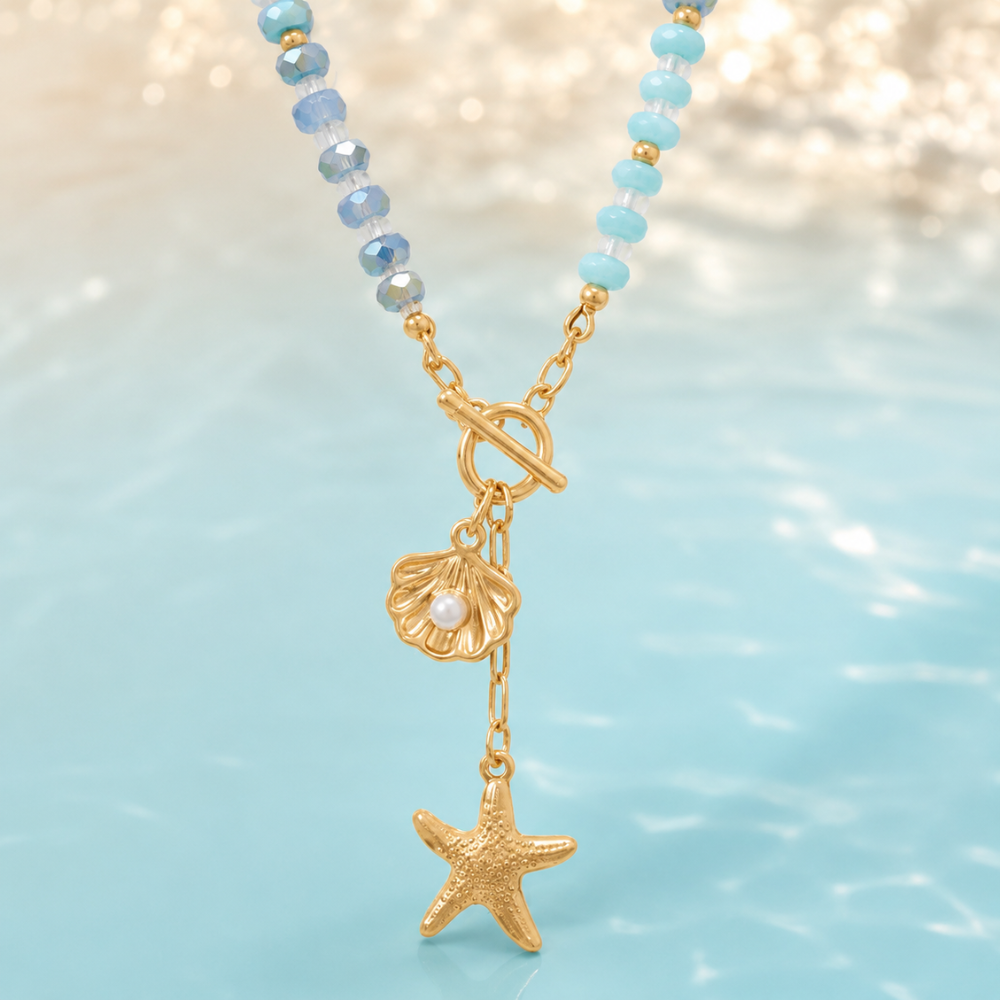16" Gold Tone Seashell and Starfish Drop Fashion Toggle Necklace