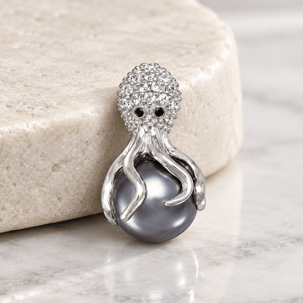 Rhodium Plated CZ and Simulated Pearl Octopus Slide