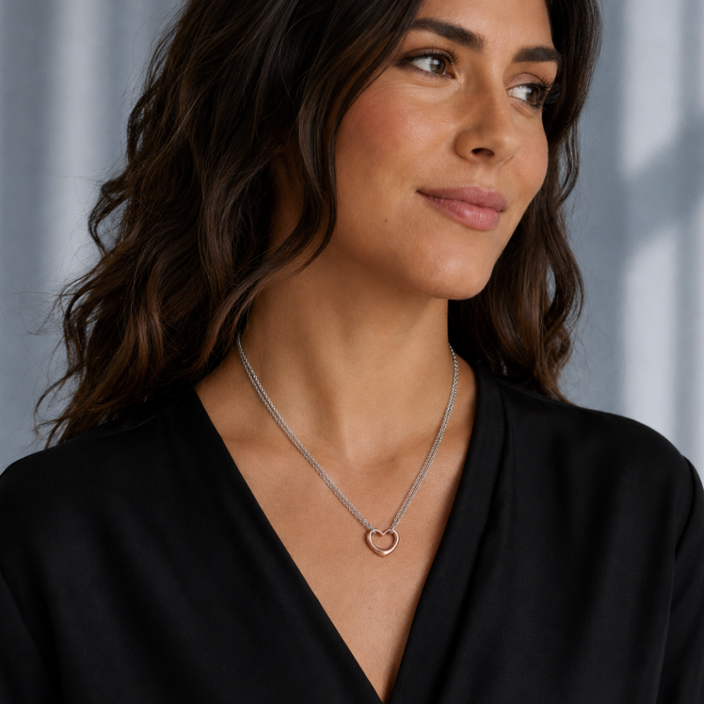 Two Tone Double Strand Open Heart Necklace