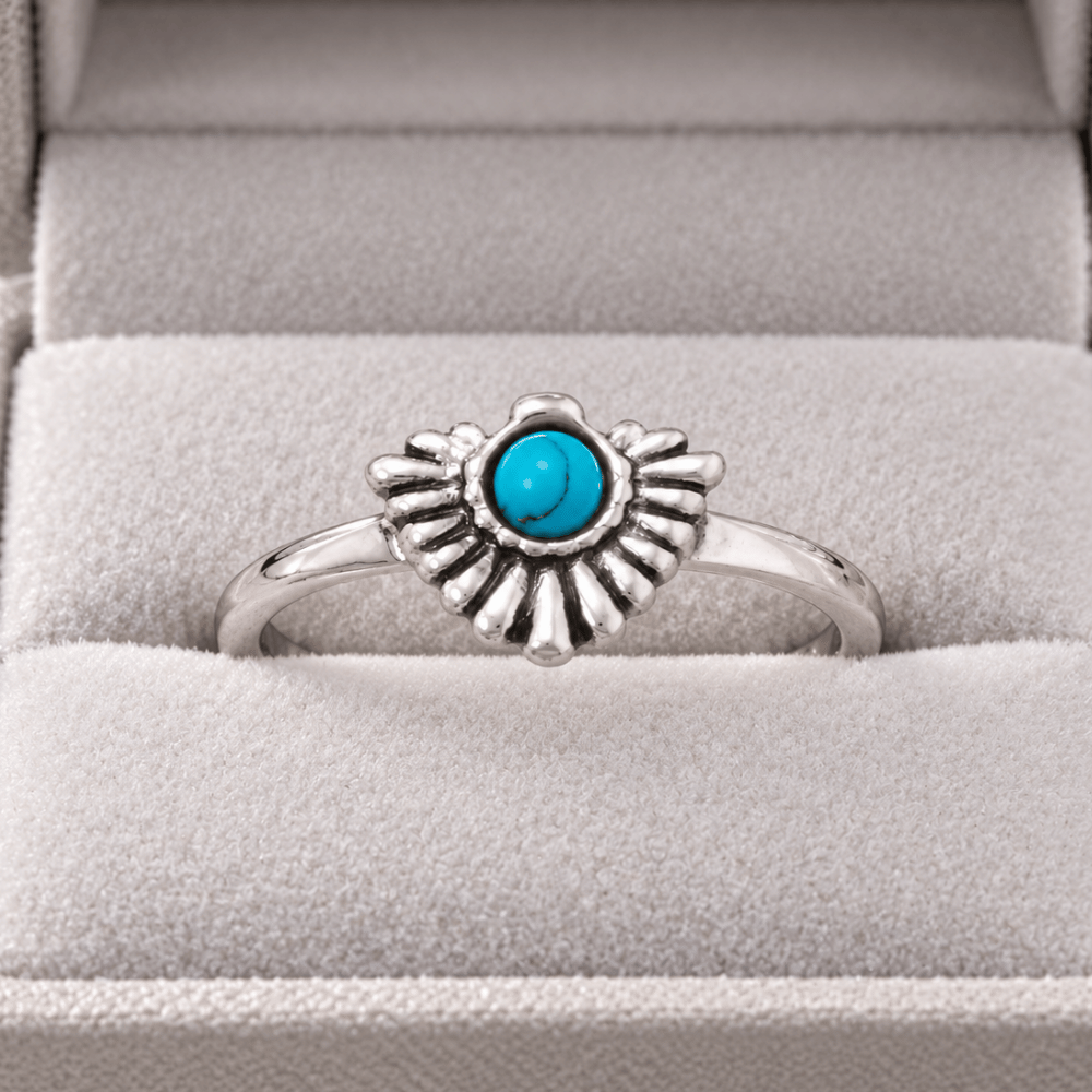 Rhodium Plated Oxidized Fan with Imitation Turquoise Ring