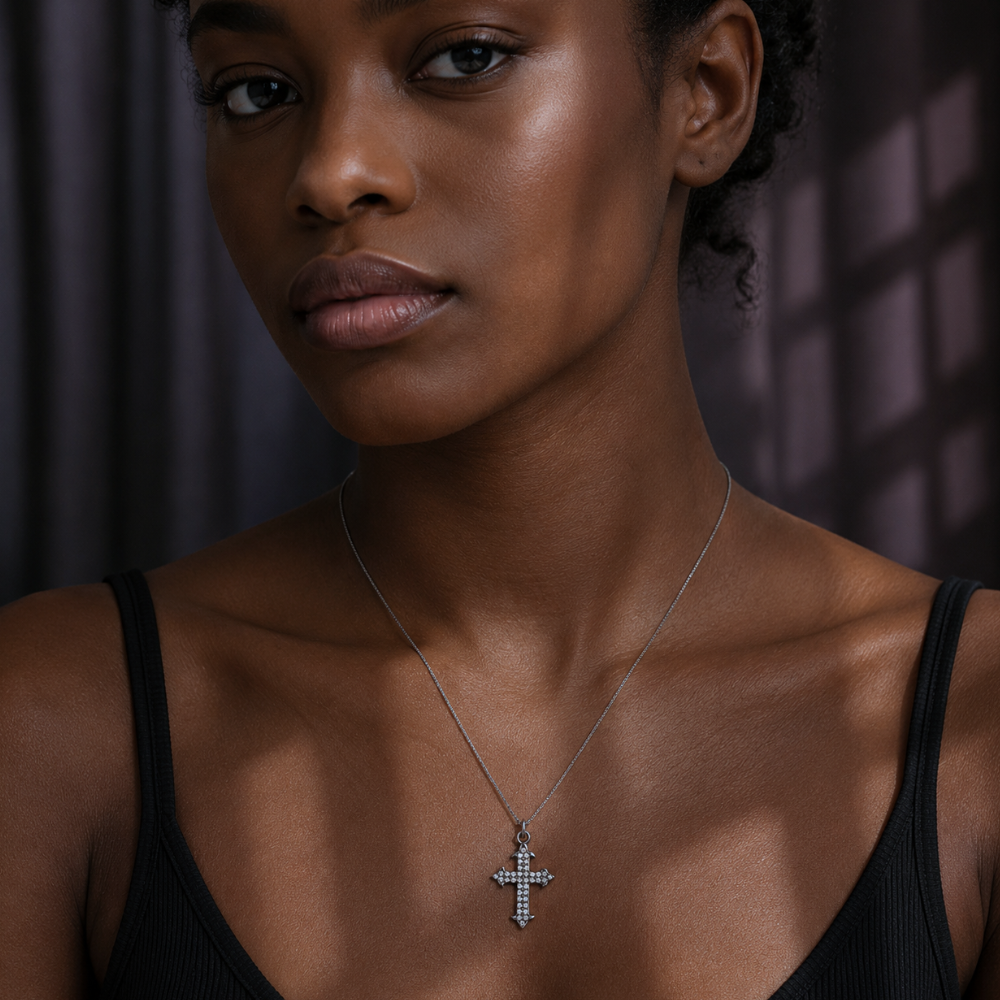 18" Black Rhodium Plated Diamond Studded Ornate Cross Necklace