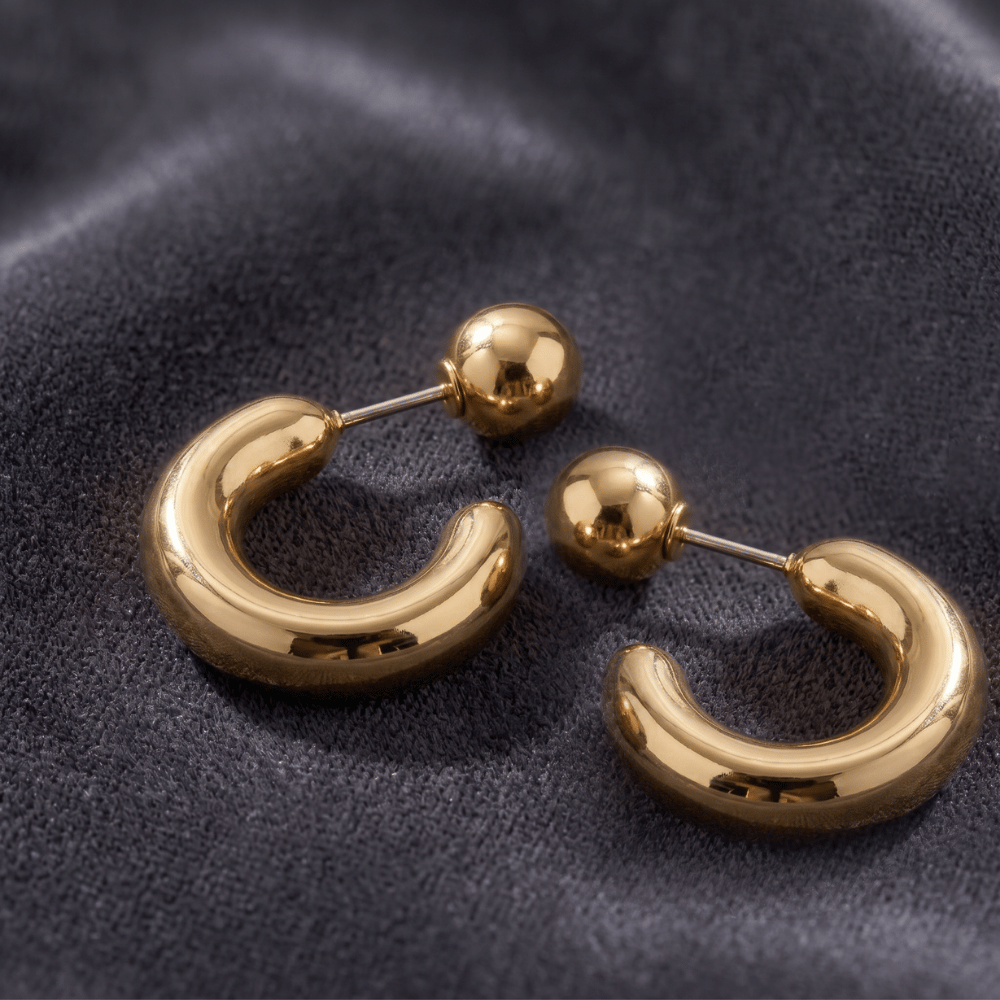 Gold Tone Chunky Fashion Hoop Ball Post Earrings