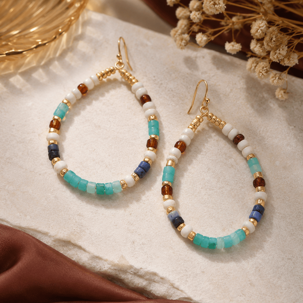 Gold Tone Multicolor Seed Bead Pear Drop Fashion Earrings