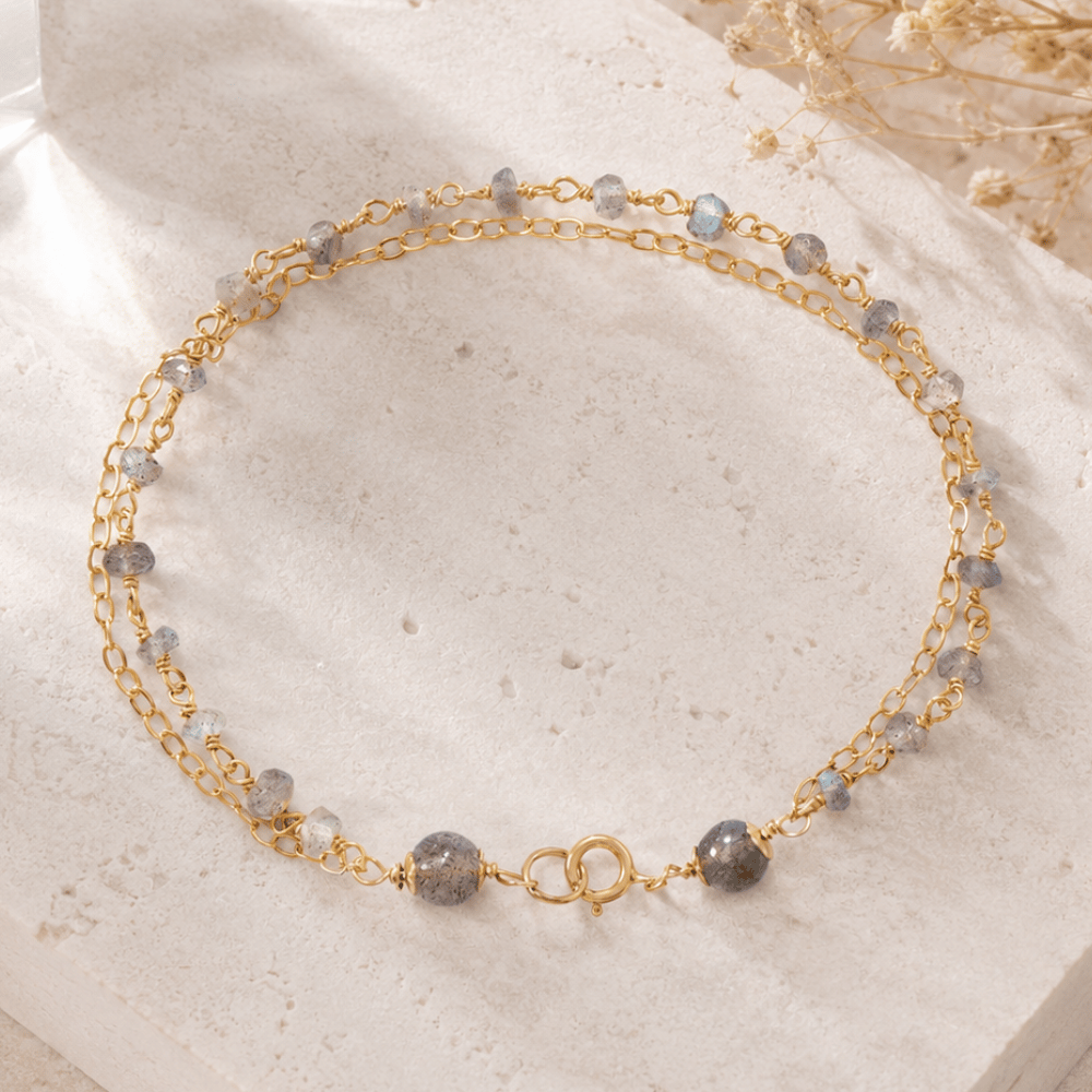 Double Strand 14 Karat Gold Plated Labradorite Beaded Bracelet