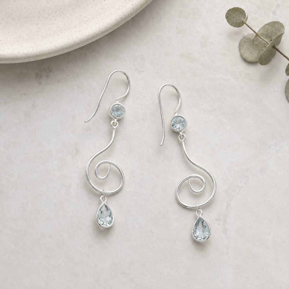 Swirl Design Earrings with Faceted Blue Topaz