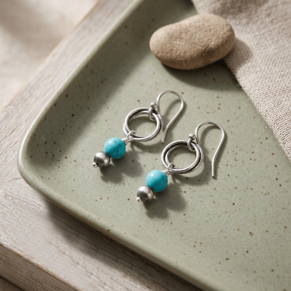 Oxidized Bead and Turquoise Rope Ring Earrings