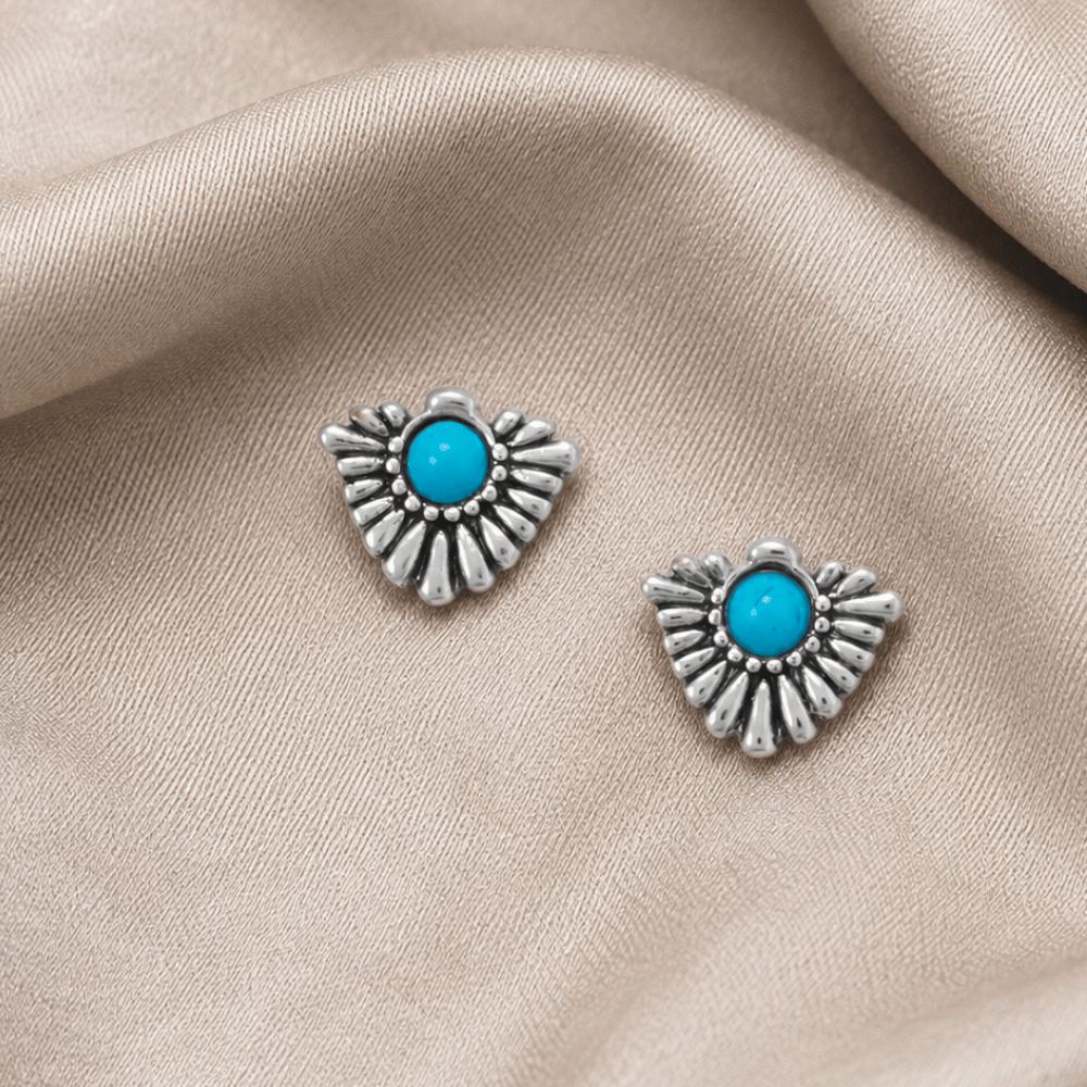 Rhodium Plated Oxidized Fan with Imitation Turquoise Stud Earrings