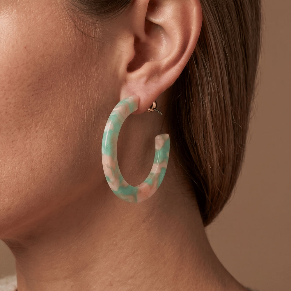 Gold Tone Green Marble Acrylic 3/4 Hoop Earrings