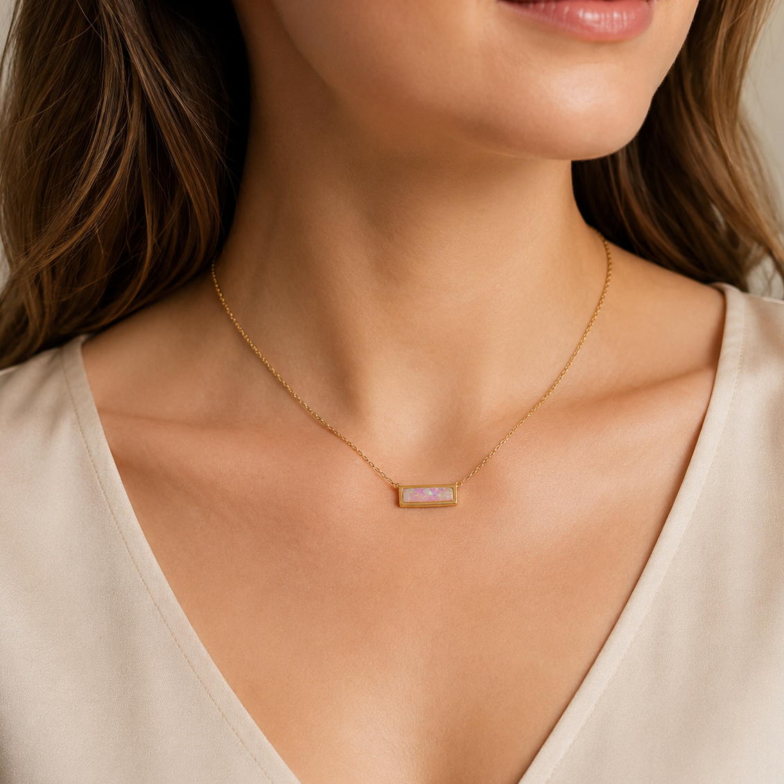 14 Karat Gold Plated Mini Synthetic Pink Opal Bar Necklace