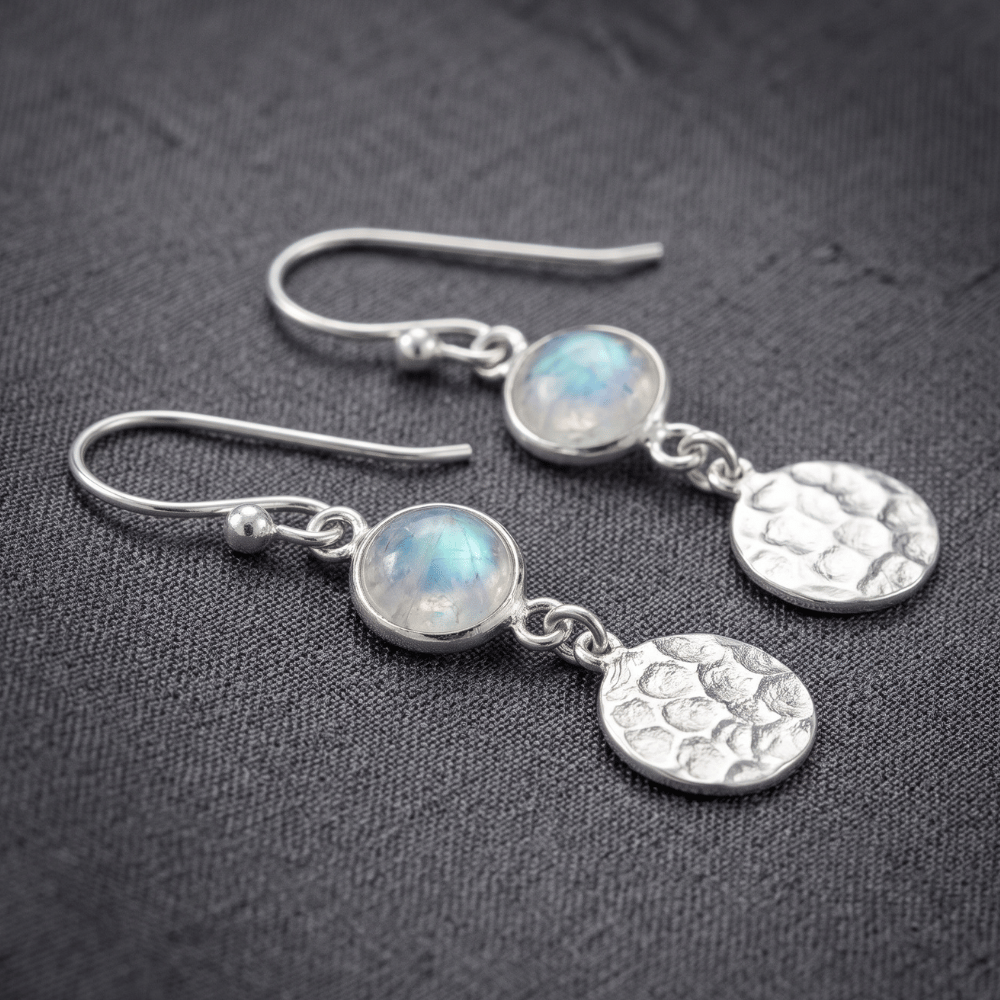 Polished Hammered Disc Rainbow Moonstone French Wire Earrings