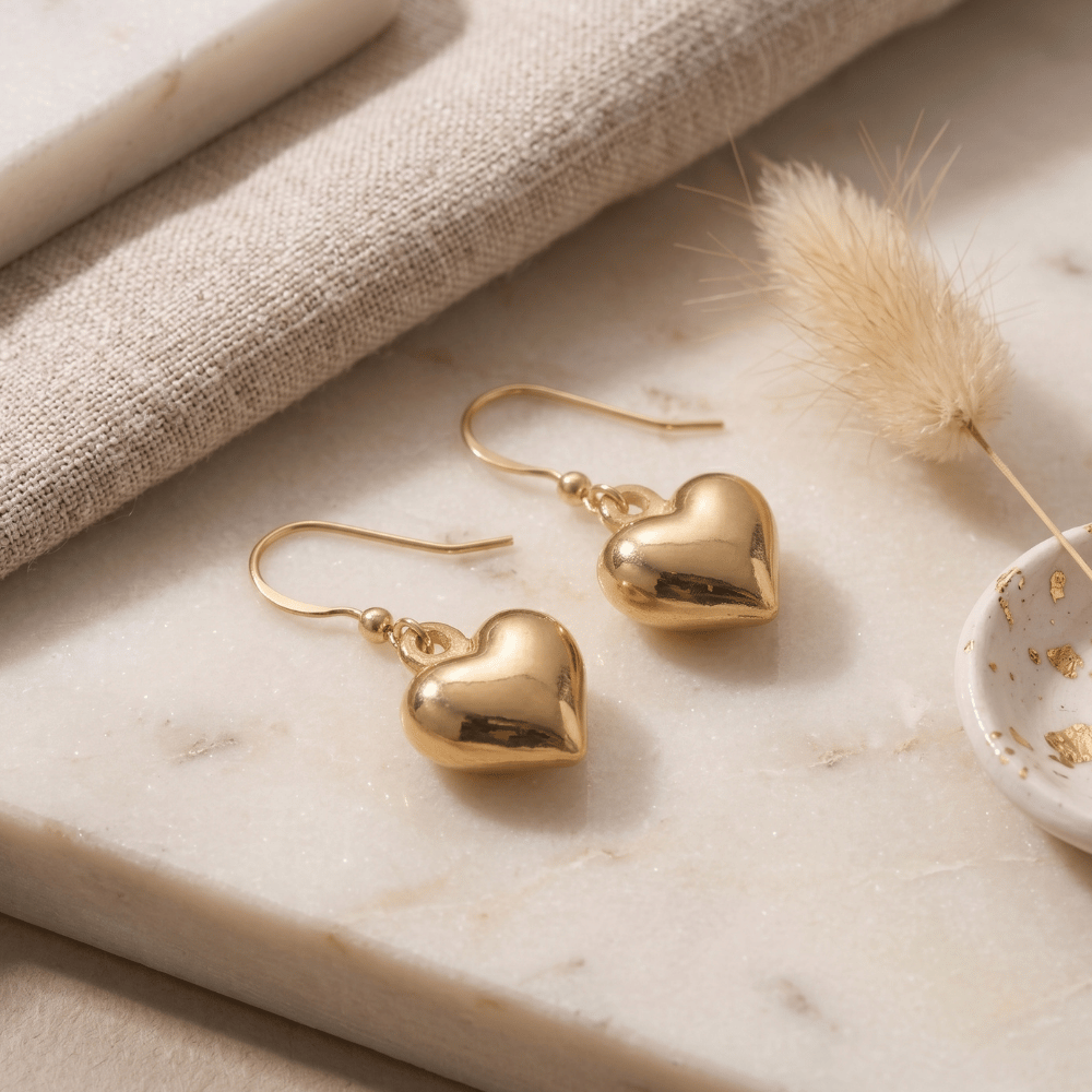 14 Karat Gold Plated Puffy Heart French Wire Earrings