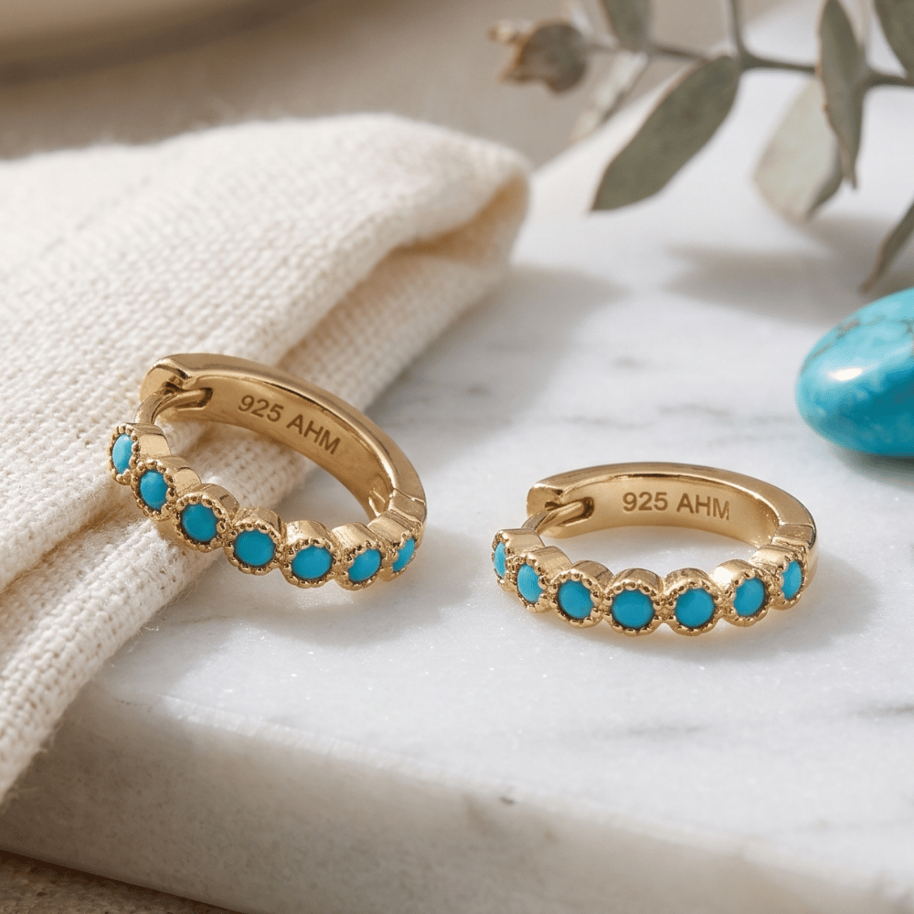 14 Karat Gold Plated Turquoise CZ Hoop Earrings