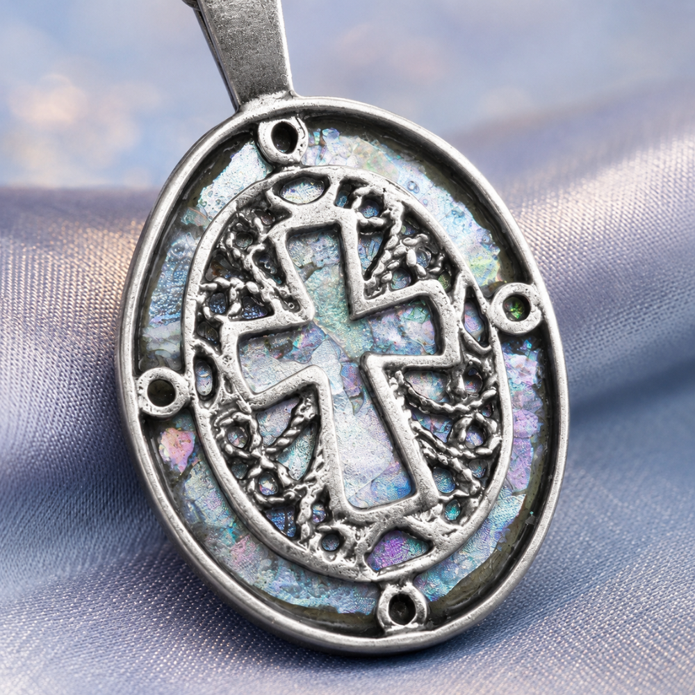 18" Oval Ancient Roman Glass Cutout Cross Necklace