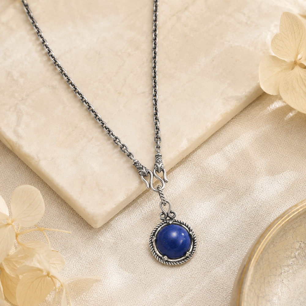 18" + 2" Oxidized Reversible Lapis and Rainbow Moonstone Necklace