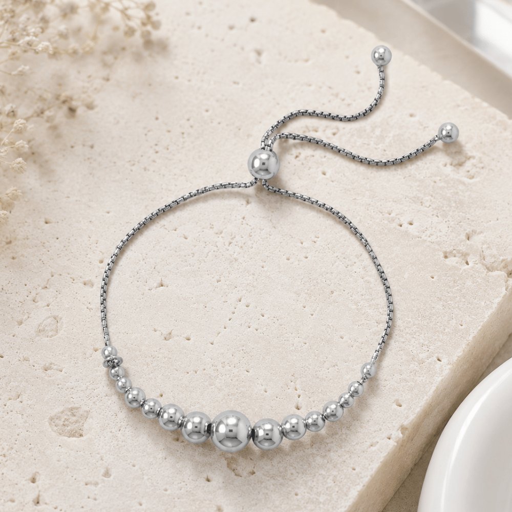 Rhodium Plated Graduated Bead Bolo Bracelet - view 2