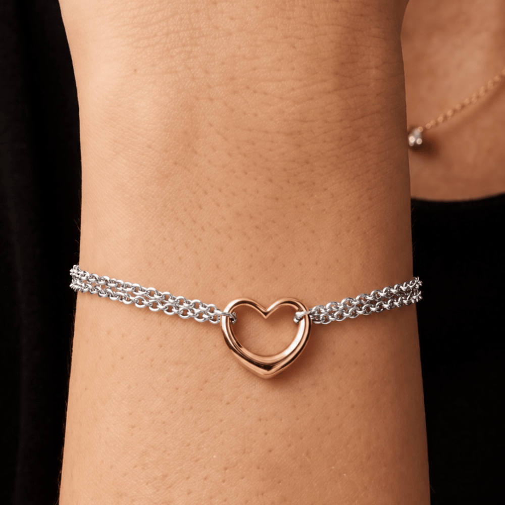 Two Tone Double Strand Open Heart Bracelet