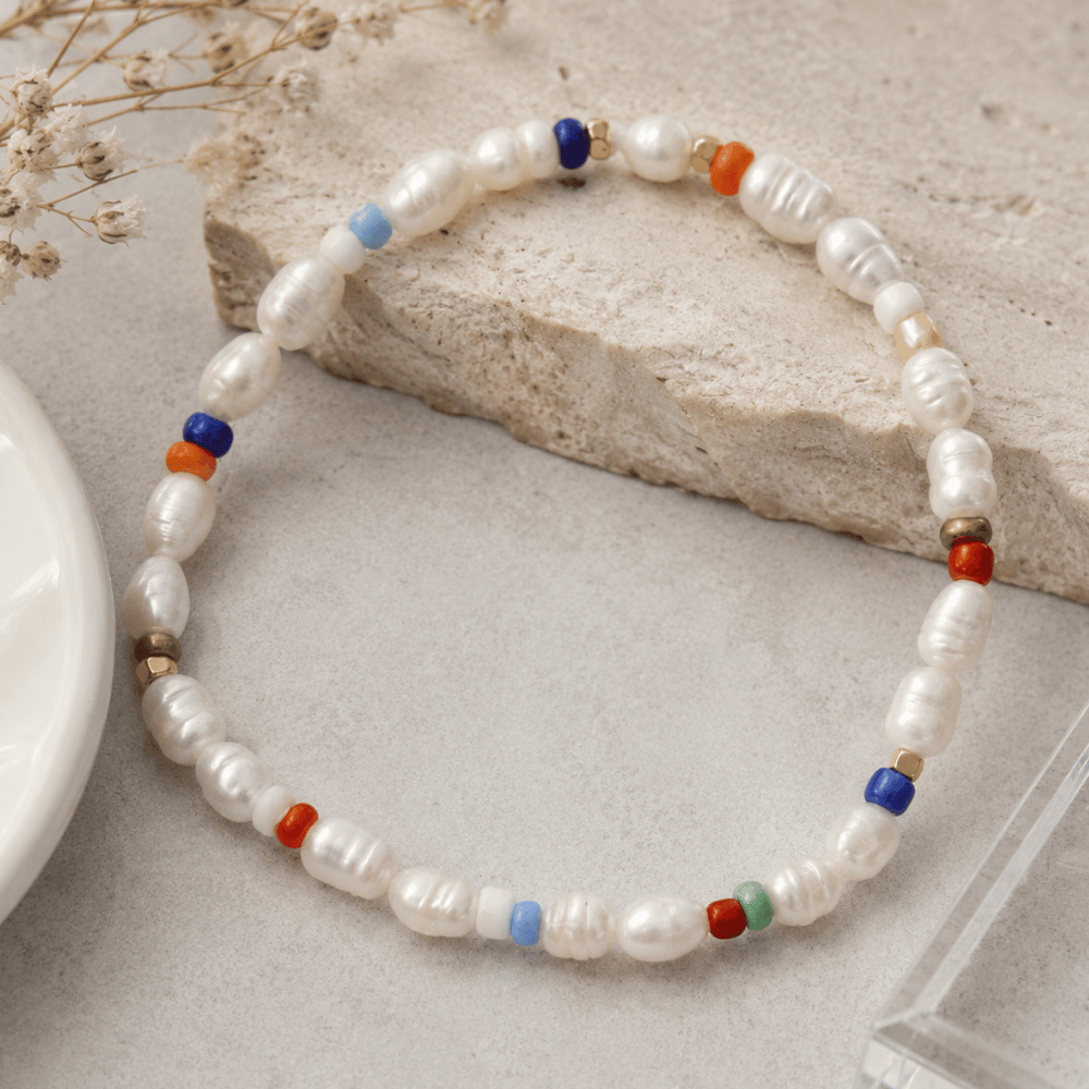 Rainbow Seed Bead and Cultured Freshwater Pearl Stretch Bracelet - view 3