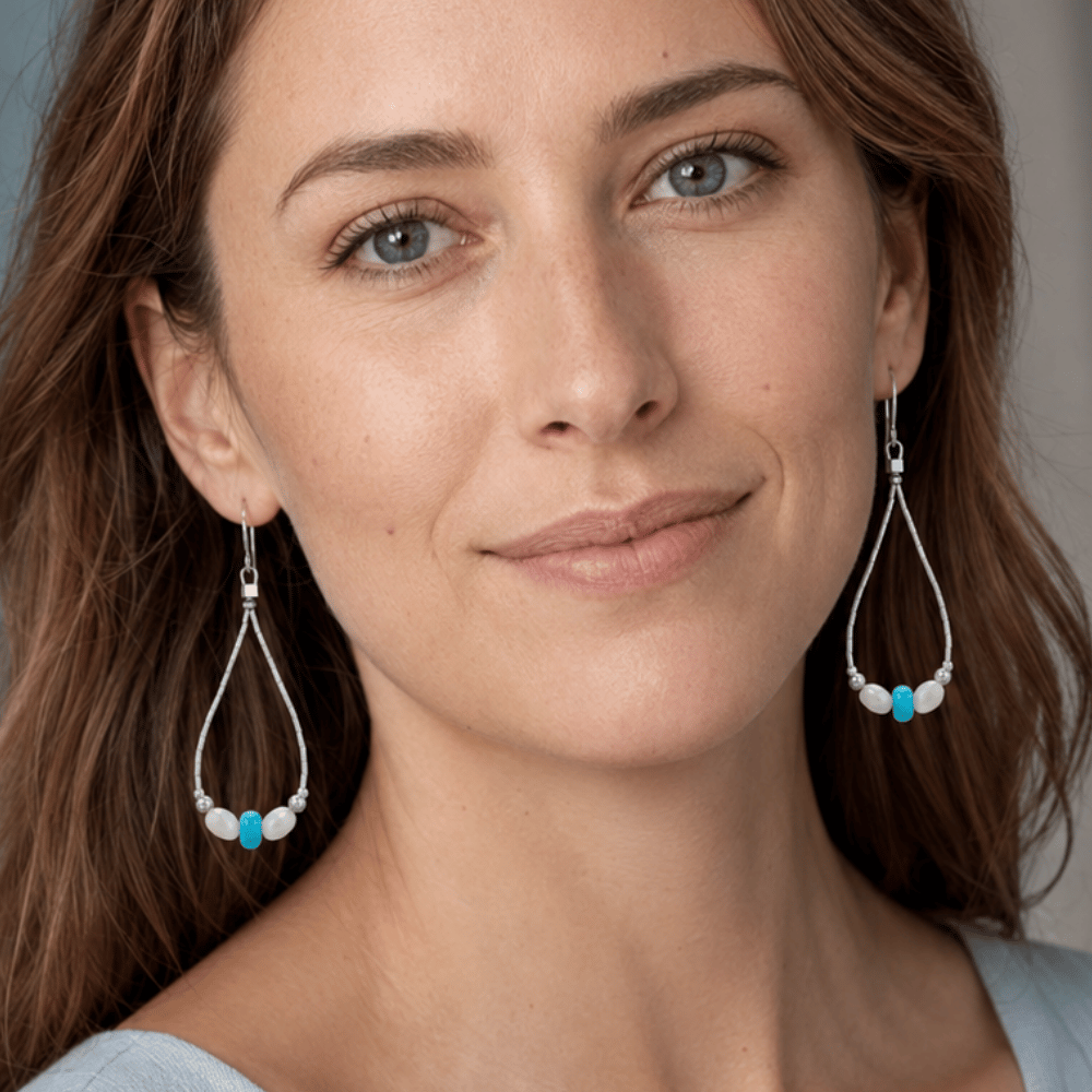 Cultured Freshwater Pearl and Turquoise Liquid Silver Pear Outline Earrings