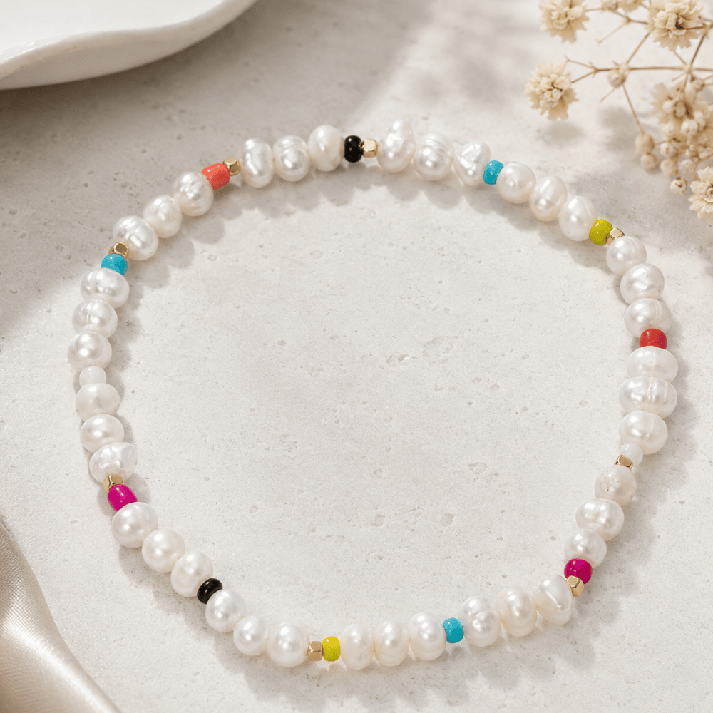 Rainbow Seed Bead and Cultured Freshwater Pearl 9" Stretch Anklet