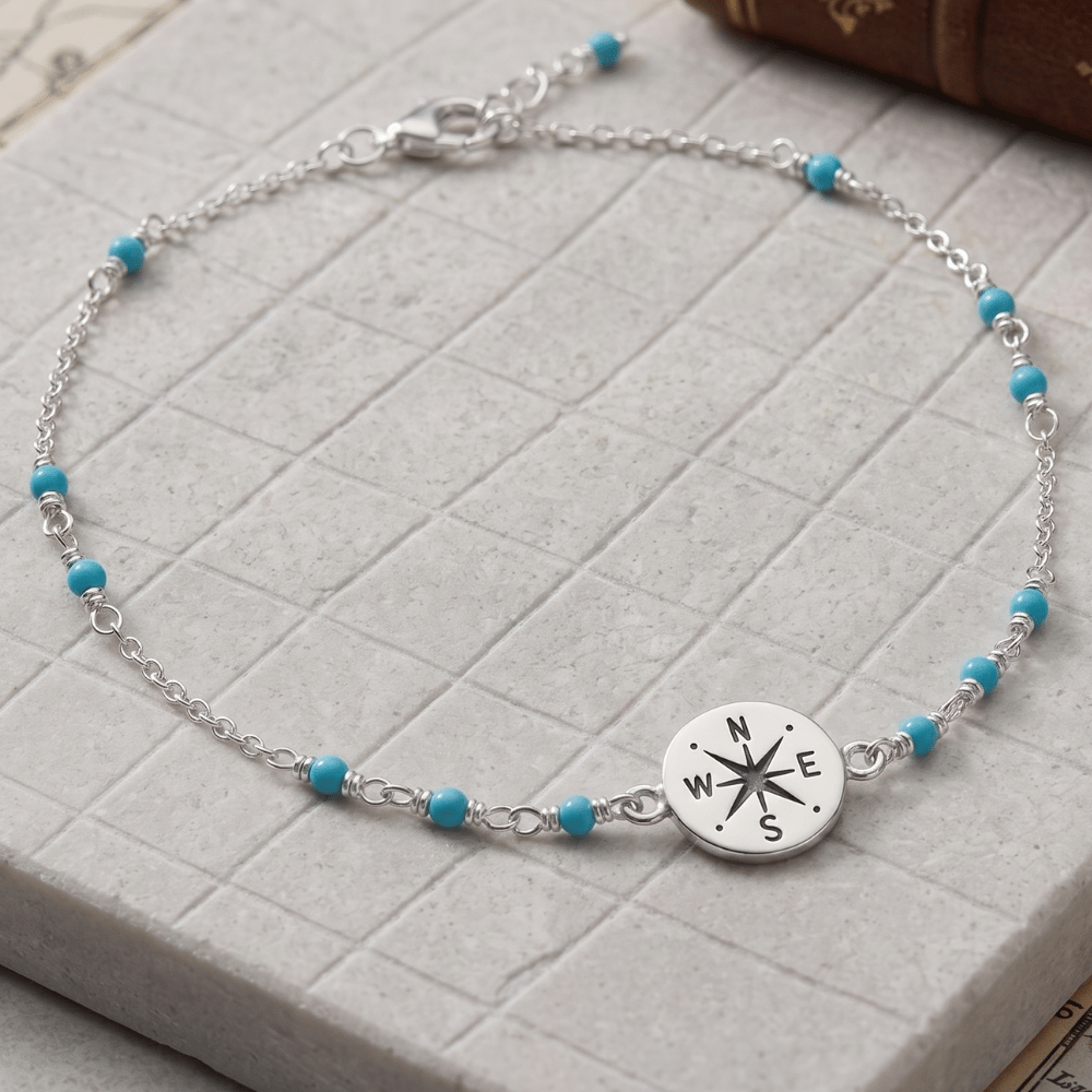 9.25" + .75" Compass and Blue Bead Anklet