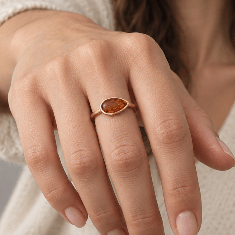 24 Karat Gold Plated Pear Baltic Amber Ring