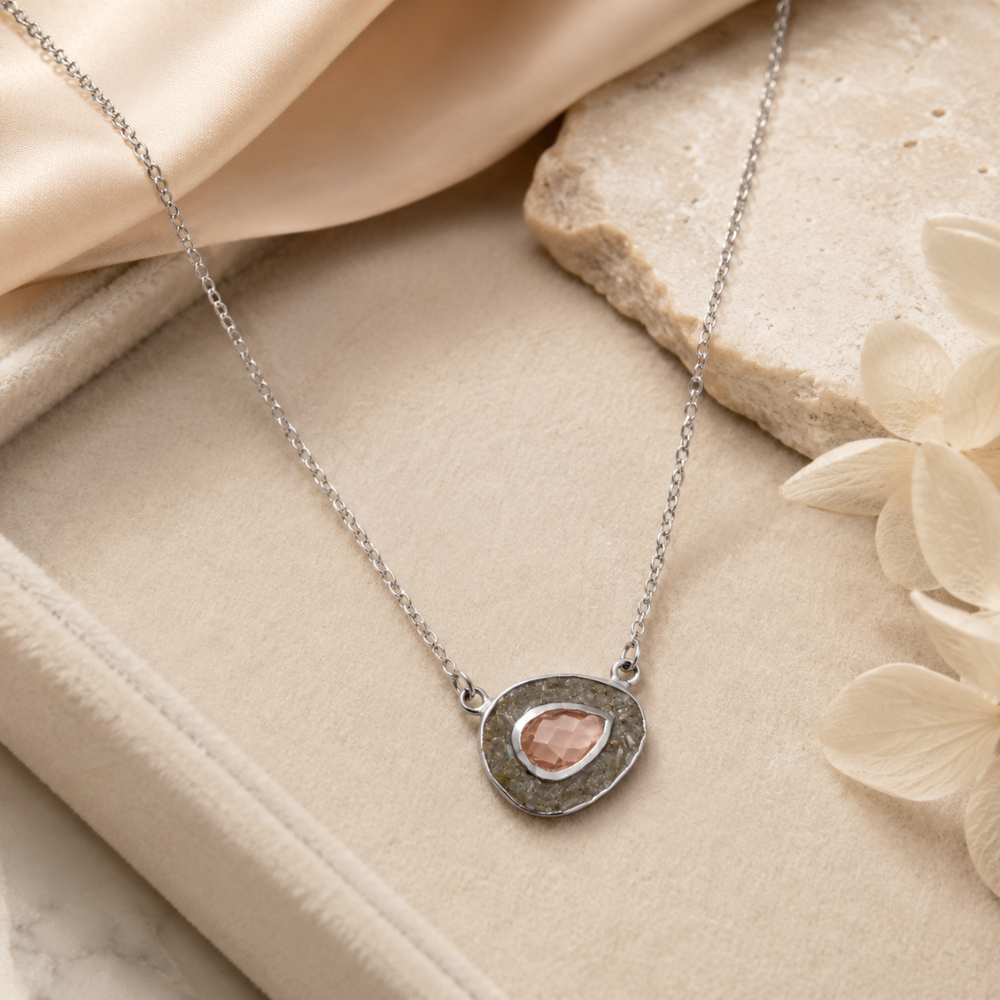18 "+ 2" Rhodium Plated Pink Glass and Labradorite Halo Necklace