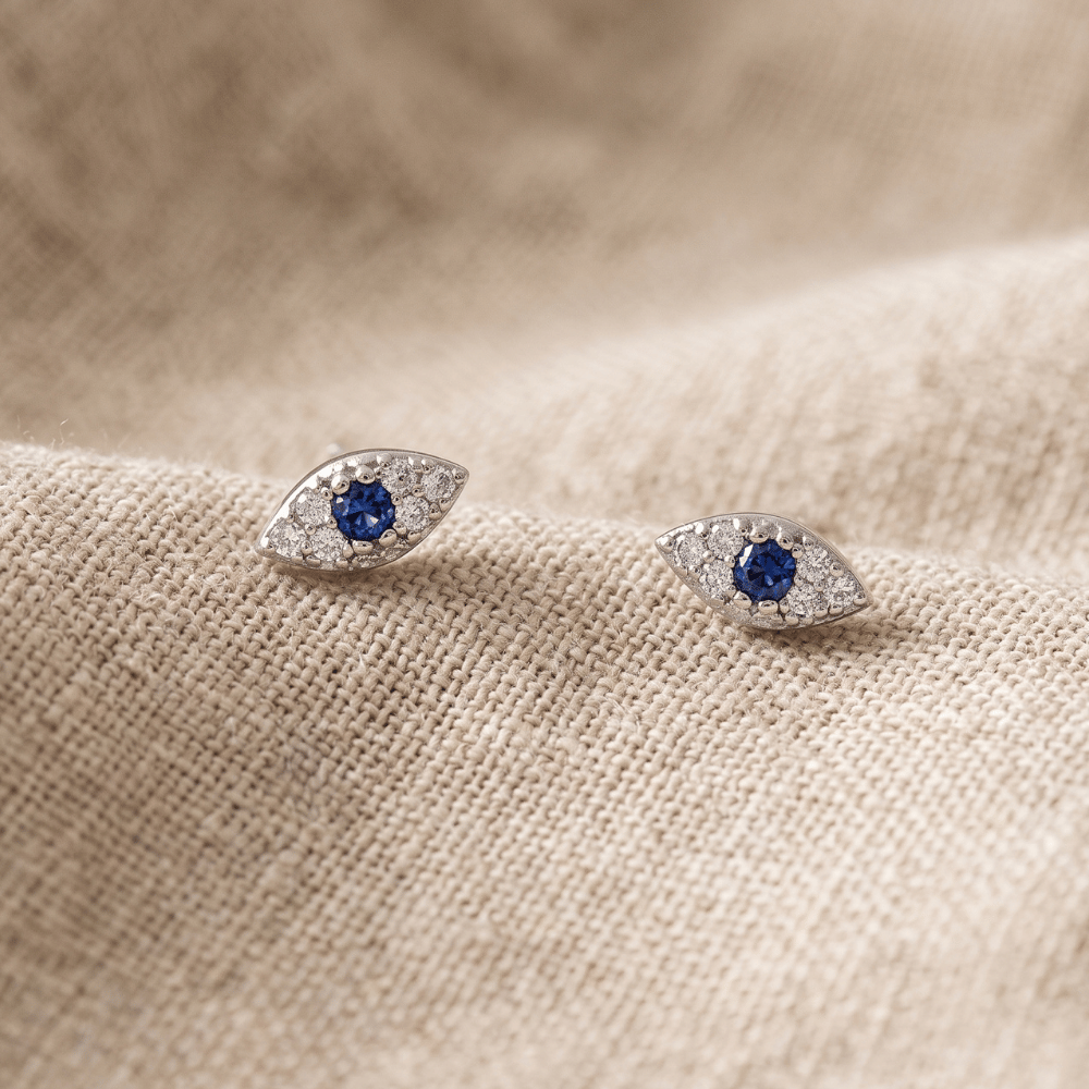 Blue CZ Evil Eye Stud Earrings