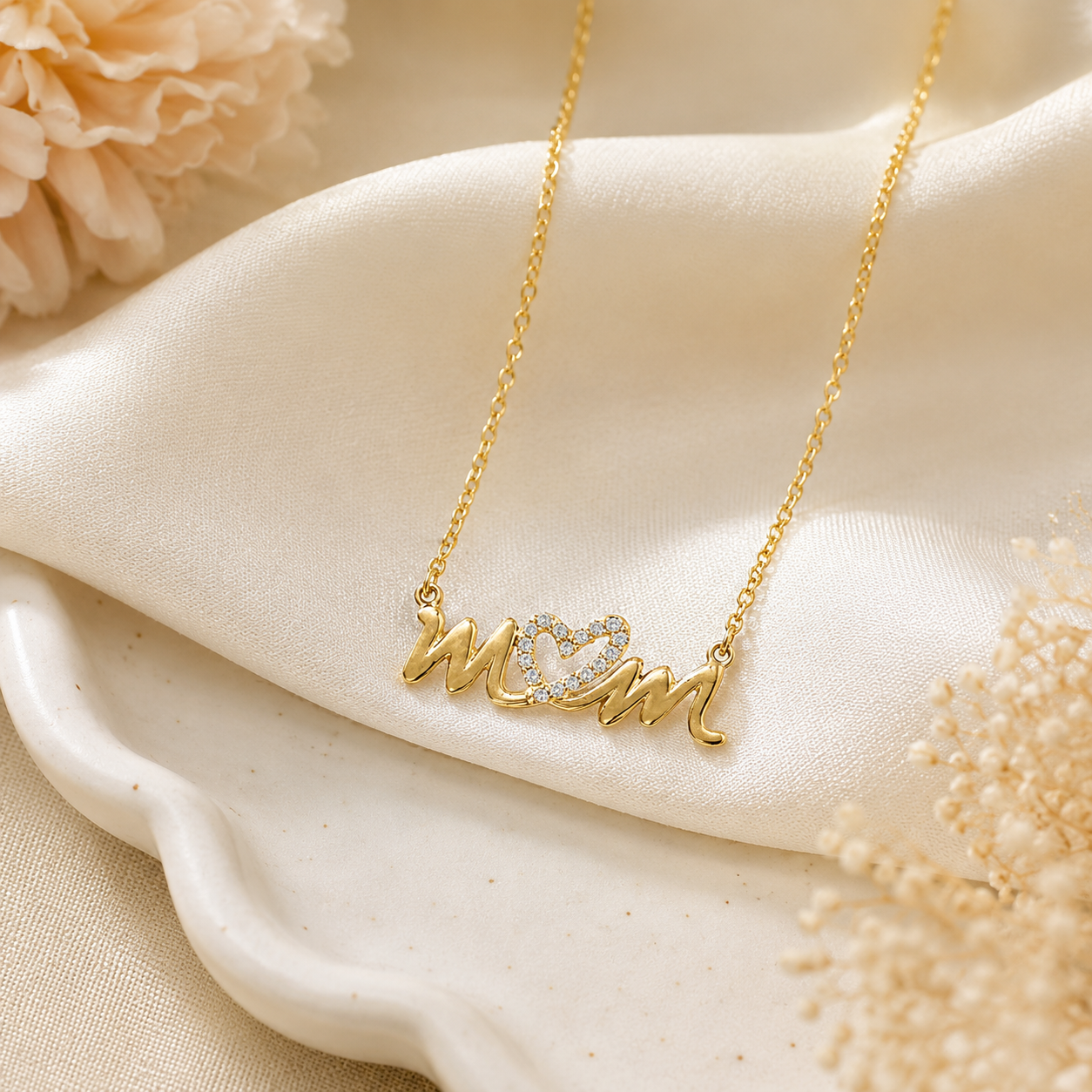 16" + 2" 14 Karat Gold Plated CZ Heart "mom" Necklace