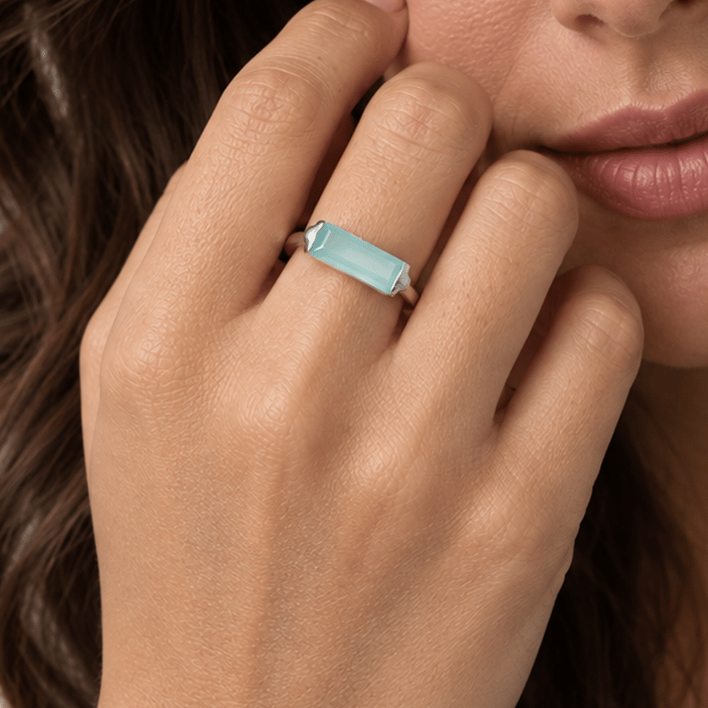 Rhodium Plated Green Chalcedony Bar Ring