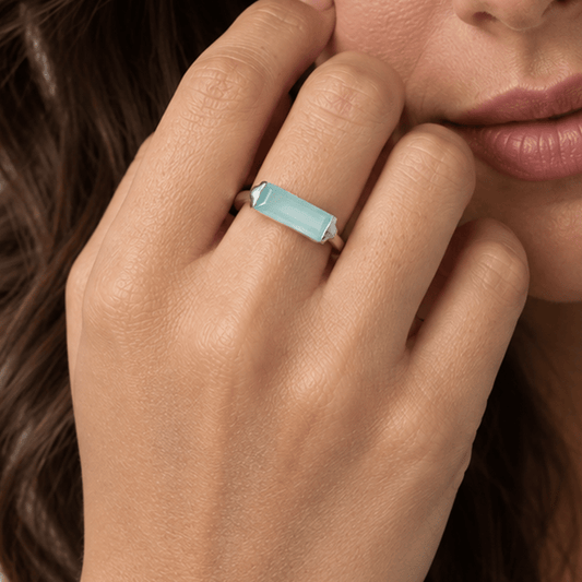 Rhodium Plated Green Chalcedony Bar Ring