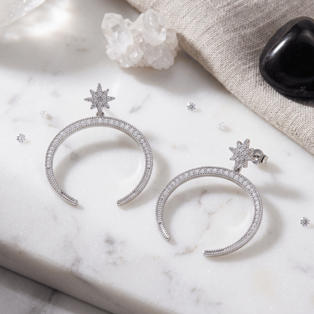 Rhodium Plated Star CZ and Crescent Drop Fashion Earrings