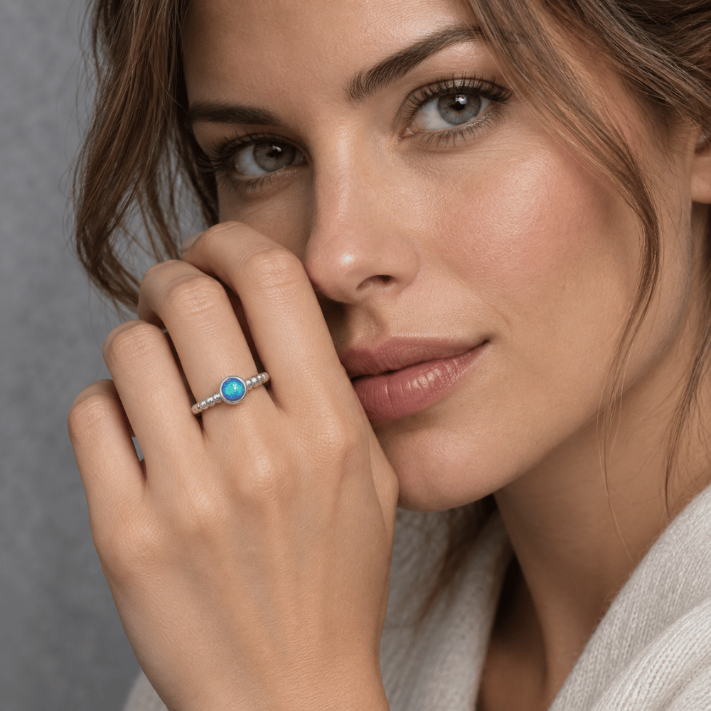 Round Synthetic Opal Ring - Blue Opal - Silver - view 4