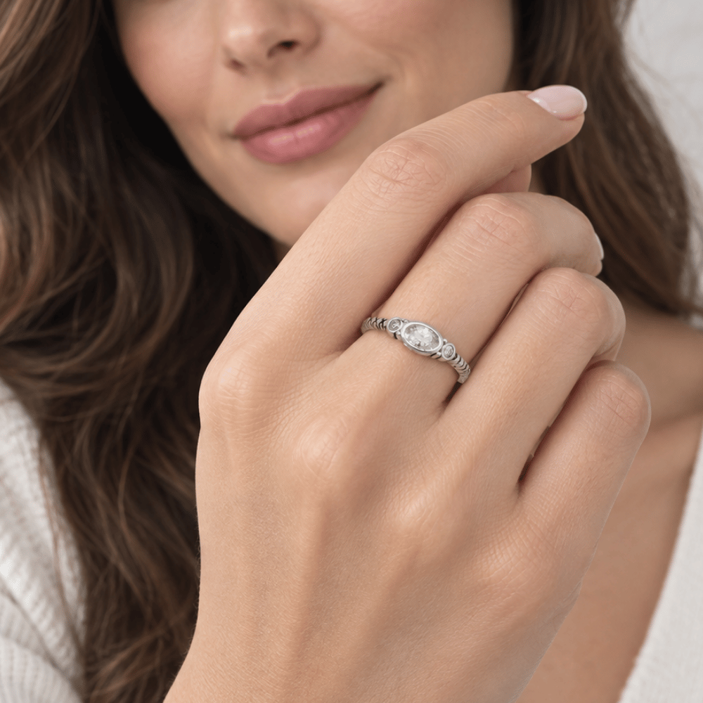 Rhodium Plated Oxidized Oval and Round CZ Ring