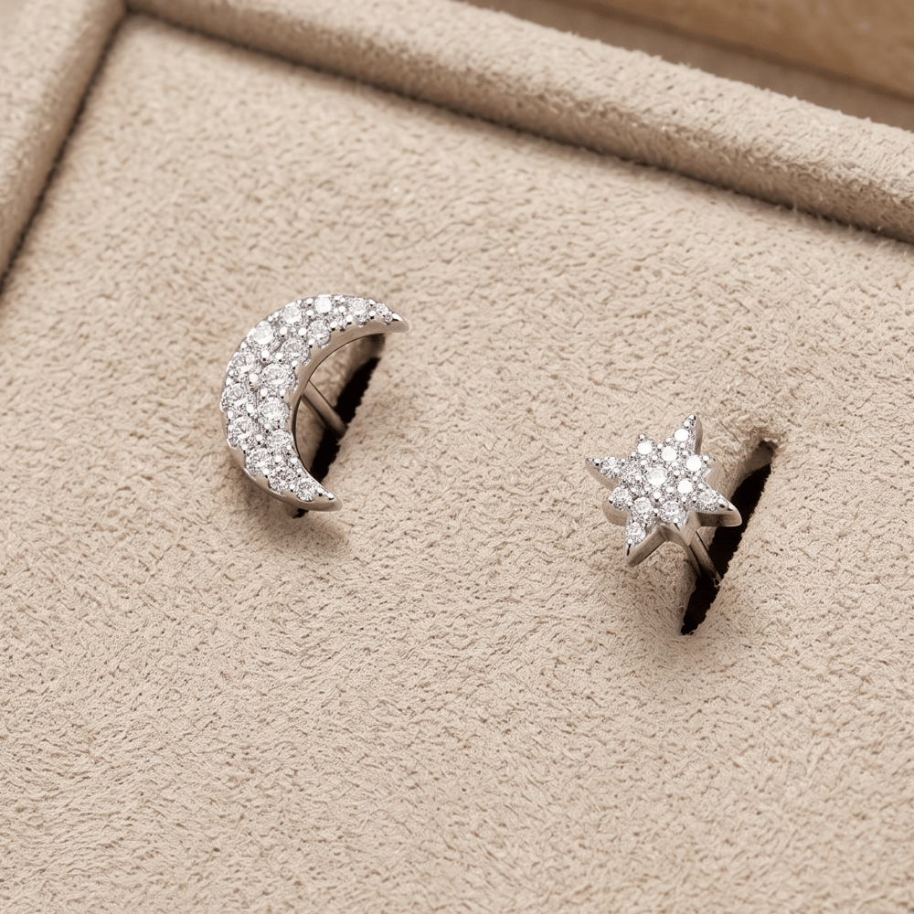 CZ Moon and Star Stud Earrings