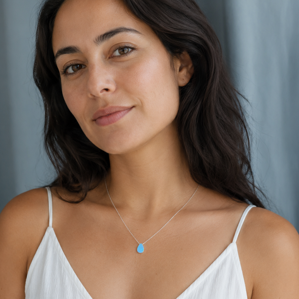 16" + 2" Rhodium Plated Synthetic Opal Pear Necklace