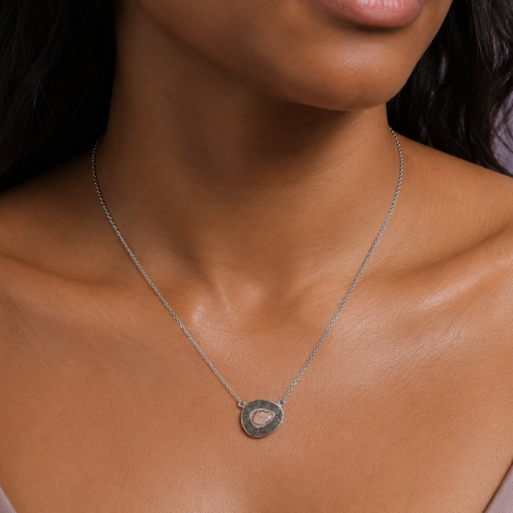 18 "+ 2" Rhodium Plated Pink Glass and Labradorite Halo Necklace