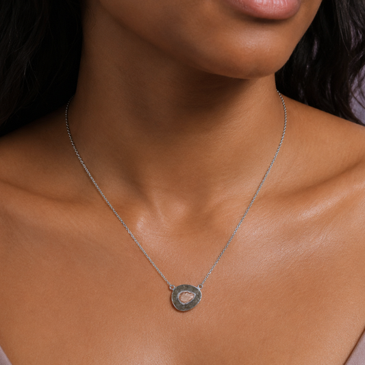 18 "+ 2" Rhodium Plated Pink Glass and Labradorite Halo Necklace