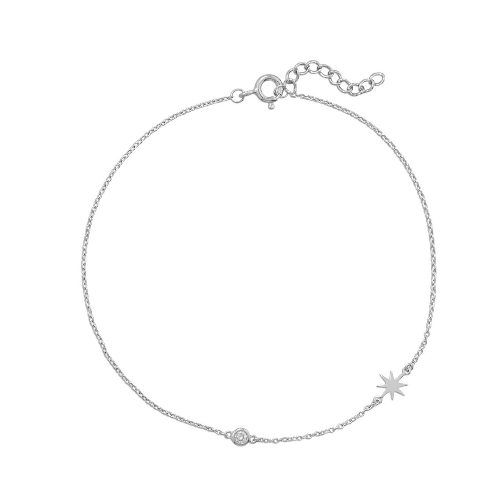9" + 1" Rhodium Plated CZ and Starburst Anklet