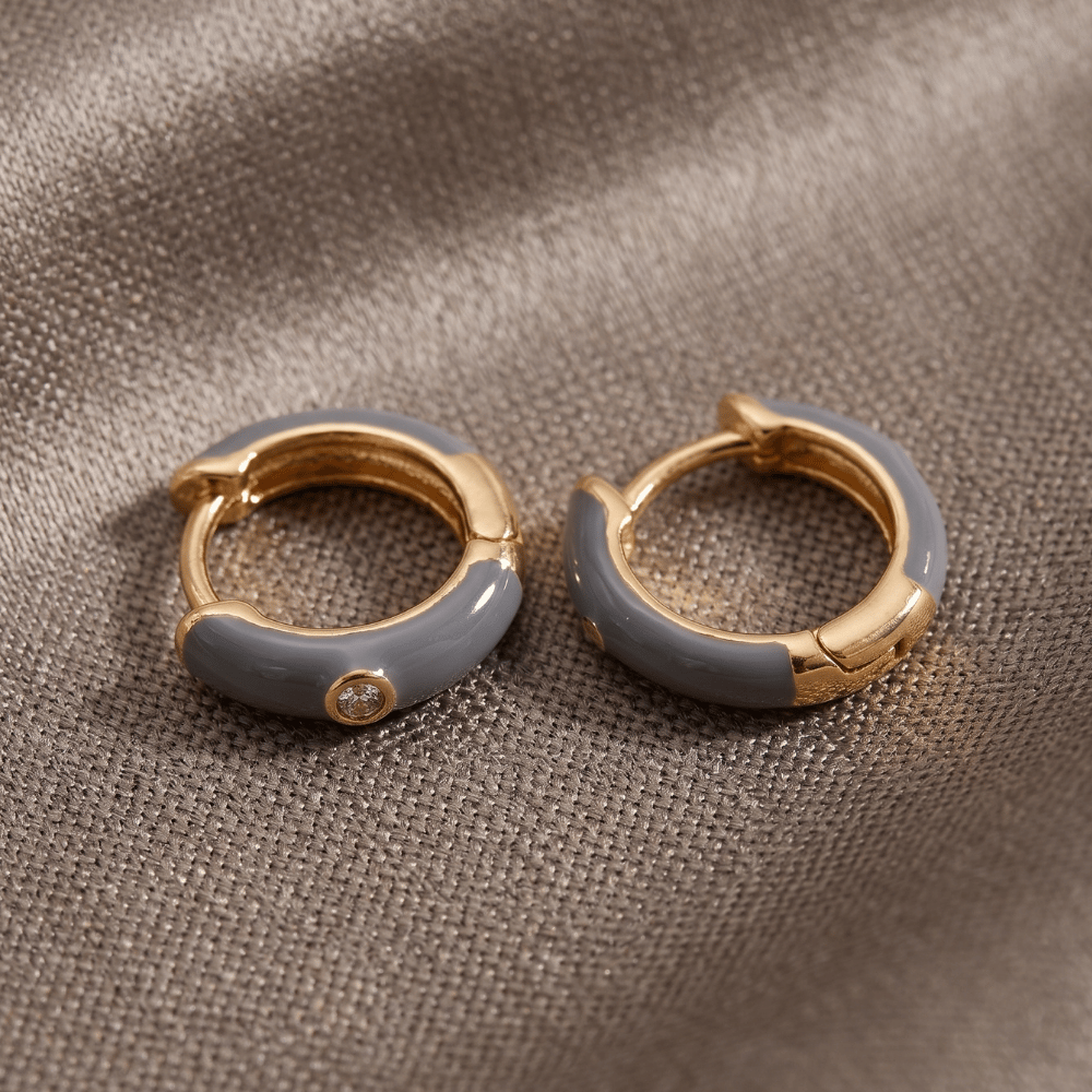 14 Karat Gold Plated Grey Enamel and CZ Hoop Earrings