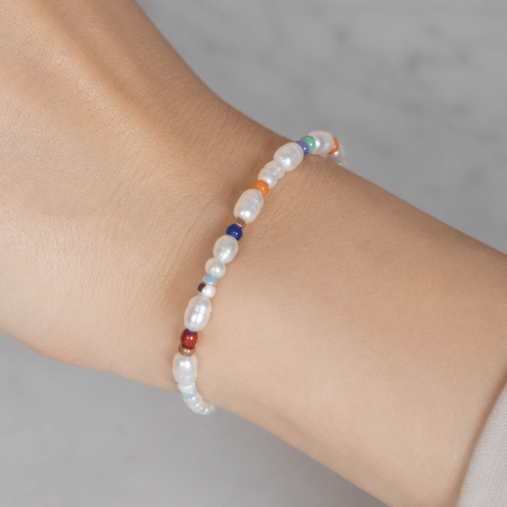 Rainbow Seed Bead and Cultured Freshwater Pearl Stretch Bracelet