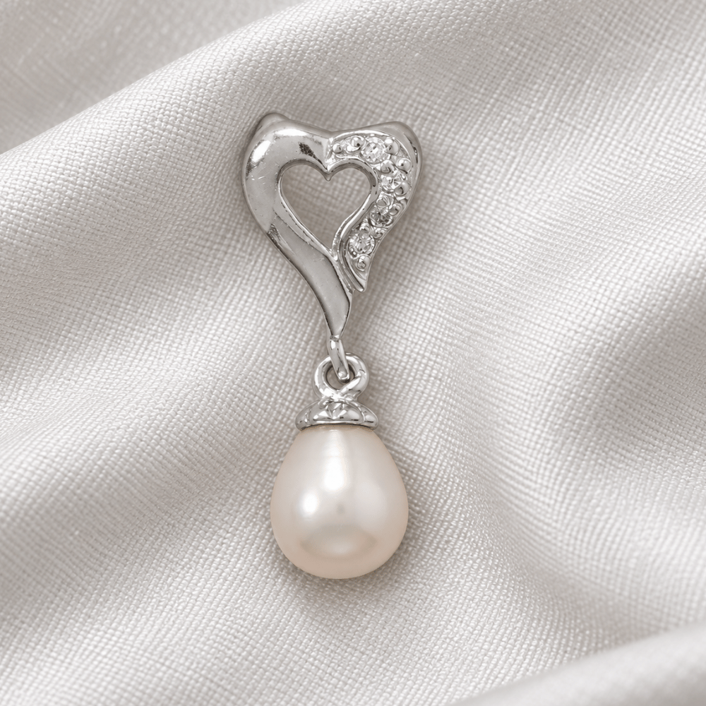 Rhodium Plated Cultured Freshwater Pearl and CZ Heart Slide Pendant - view 2