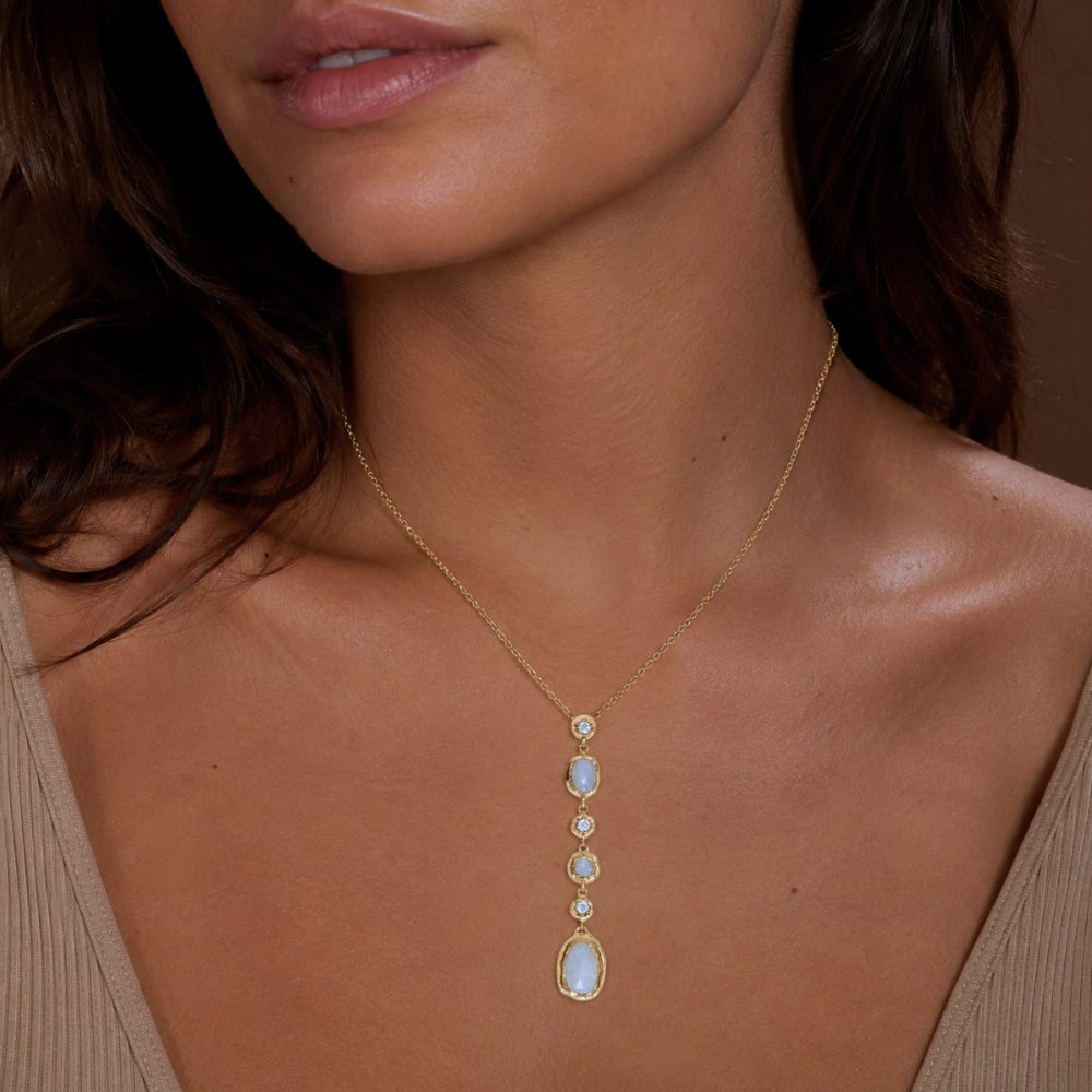 16" + 2" 14 Karat Gold Plated CZ and Rainbow Moonstone Drop Necklace