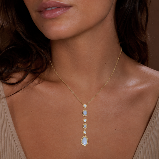 16" + 2" 14 Karat Gold Plated CZ and Rainbow Moonstone Drop Necklace